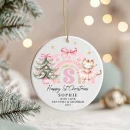 Personalised First Christmas Ornament 2025 - 1st Baby Gift With Cat Ballerina & Tree, Round Or Heart Shape - thumbnail 1