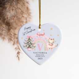 Personalised First Christmas Ornament 2025 - 1st Baby Gift With Cat Ballerina & Tree, Round Or Heart Shape - thumbnail 2