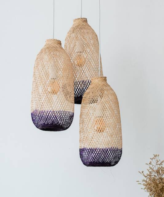 Handwoven Bamboo Pendant Light Set - Two-Tone Purple, Triple Cluster - image 1