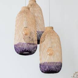 Handwoven Bamboo Pendant Light Set - Two-Tone Purple, Triple Cluster - thumbnail 3