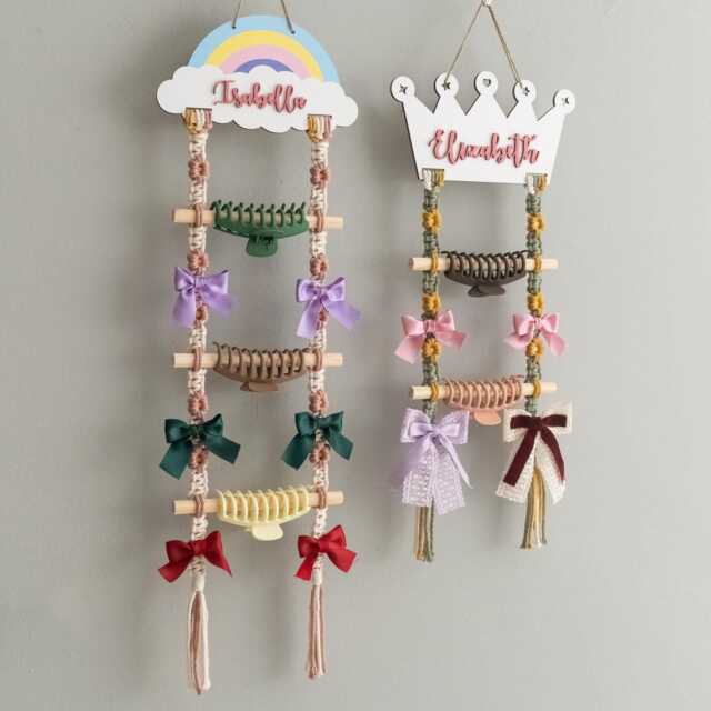 Macrame Hair Clip Holder With Name, Baby Shower Gift, First Birthday Present, Boho Nursery Wall Hanging I92 - image 1