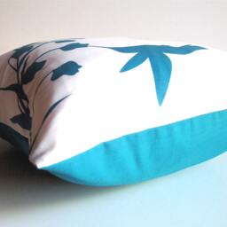 Teal Print On Off White Hummingbird With Eucalyptus Mini 10.5 Inches Square Pillow - thumbnail 4
