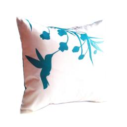 Teal Print On Off White Hummingbird With Eucalyptus Mini 10.5 Inches Square Pillow - thumbnail 3