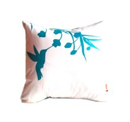 Teal Print On Off White Hummingbird With Eucalyptus Mini 10.5 Inches Square Pillow - thumbnail 1
