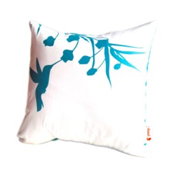 Teal Print On Off White Hummingbird With Eucalyptus Mini 10.5 Inches Square Pillow - thumbnail 2