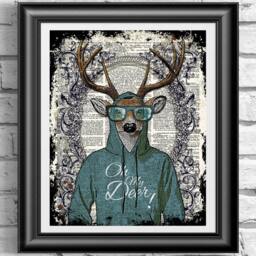 Deer Print Dictionary Book Page, Art Illustration Hipster Animal Fashion Blue Hoody Deer Poster Art. Wall Decor, Mixed Media Old Page - thumbnail 1