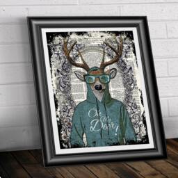 Deer Print Dictionary Book Page, Art Illustration Hipster Animal Fashion Blue Hoody Deer Poster Art. Wall Decor, Mixed Media Old Page - thumbnail 2