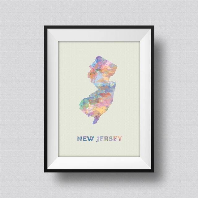 New Jersey Map Usa Watercolor Art Print Ink Splash Poster Canvas