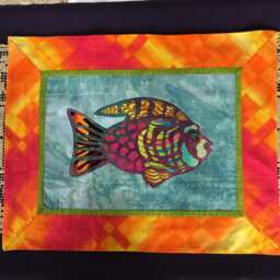 Hand Cut Fused Fish Wall Hanging. Fabric Hanging With Red Backing Fabric. Cutwork Fish Design By Linda Pool - thumbnail 4
