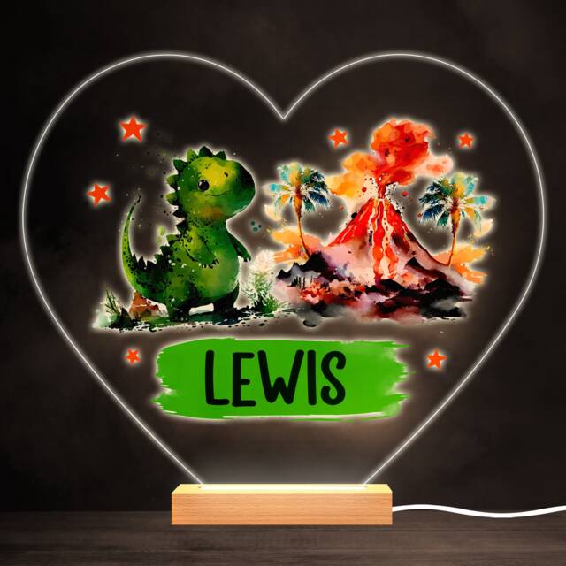 Dinosaur Volcano Dino Green Colourful Heart Personalised Gift Lamp Night Light - Bedroom - image 1