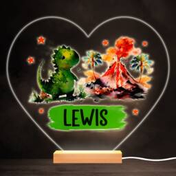 Dinosaur Volcano Dino Green Colourful Heart Personalised Gift Lamp Night Light - Bedroom