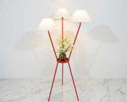 Floor Lamp in Red Color Contemporary Triple Shade Standing With Plant Holder For Bedroom Cafe Office Corner Lighting