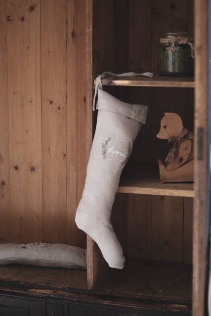 Farmhouse Christmas Decor, Rustic Linen Stocking, Personalized Natural Stocking With Hand Embroidered Name - image 1