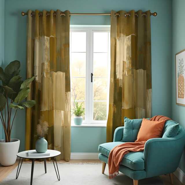 Abstract Mustard Curtains, Modern Geometric Brushstroke Drapes, Contemporary Living Room Decor, Made To Measure Window Panel - image 1