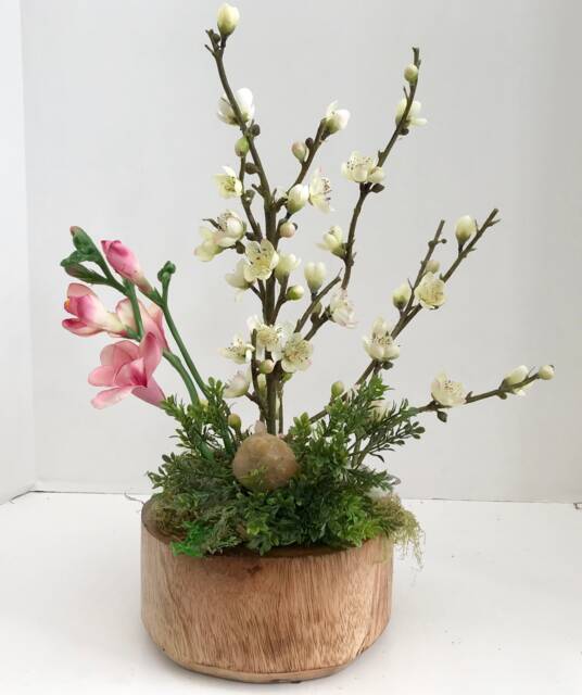 Decorative Bonsai Planter in Handcrafted Round Wood With White Cherry Blossoms & Pink Flowers - image 1