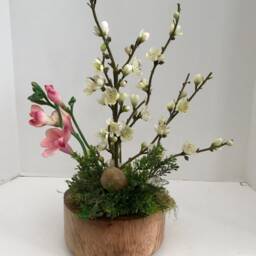 Decorative Bonsai Planter in Handcrafted Round Wood With White Cherry Blossoms & Pink Flowers - thumbnail 3
