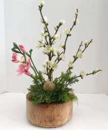 Decorative Bonsai Planter in Handcrafted Round Wood With White Cherry Blossoms & Pink Flowers