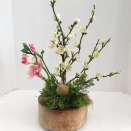 Decorative Bonsai Planter in Handcrafted Round Wood With White Cherry Blossoms & Pink Flowers - thumbnail 2
