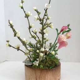 Decorative Bonsai Planter in Handcrafted Round Wood With White Cherry Blossoms & Pink Flowers - thumbnail 4