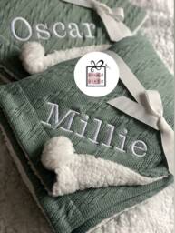 Personalised Baby Cable Knit Blanket -English Name Embroidered Pom Pom/Sherpa Reverse - thumbnail 1