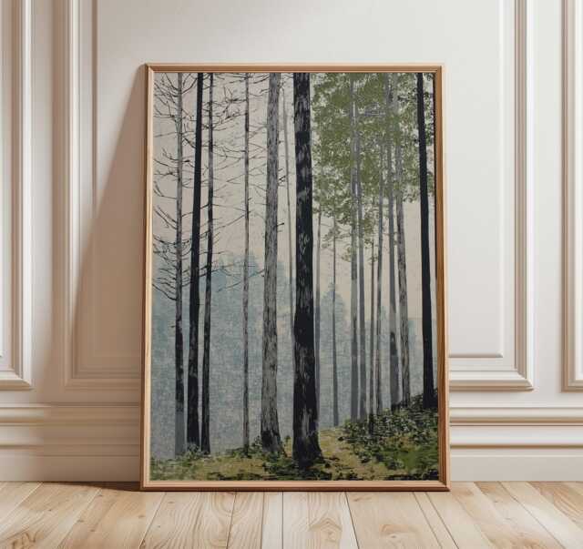 Forest Lake Poster, Tranquil Nature Wall Art Print, Modern Minimalist Tree Landscape, Scandinavian Home Decor, Calming Woodland Artwork - image 1