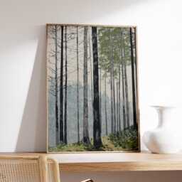 Forest Lake Poster, Tranquil Nature Wall Art Print, Modern Minimalist Tree Landscape, Scandinavian Home Decor, Calming Woodland Artwork - thumbnail 2
