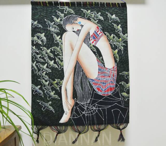 Vintage , Batik Painting Tapestry, The Thinking Lady, Good Luck For You, Indigo Wall Hanging - image 1