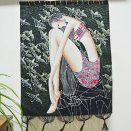 Vintage , Batik Painting Tapestry, The Thinking Lady, Good Luck For You, Indigo Wall Hanging - thumbnail 2