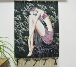 Vintage , Batik Painting Tapestry, The Thinking Lady, Good Luck For You, Indigo Wall Hanging