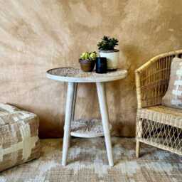 Hand-Carved Mango Wood Circular Side Table With Shelf - Creamwash Floral Design - thumbnail 2