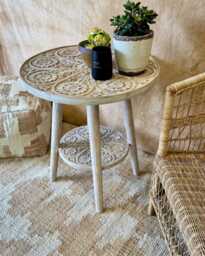 Hand-Carved Mango Wood Circular Side Table With Shelf - Creamwash Floral Design