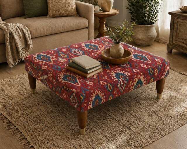 Handmade Ottoman Coffee Table Bench - Moroccan Tribal Fabric Ruby Red - image 1
