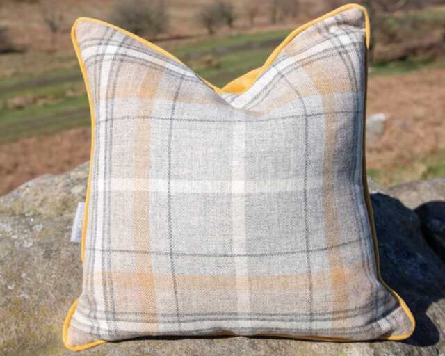 Pale Grey Mustard Tartan Shetland Wool Cushion - Velvet Reverse, Feather Filled - image 1