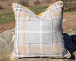 Pale Grey Mustard Tartan Shetland Wool Cushion - Velvet Reverse, Feather Filled - thumbnail 1