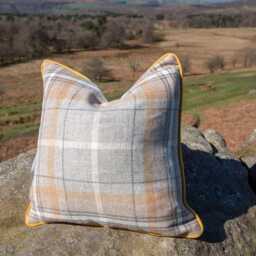 Pale Grey Mustard Tartan Shetland Wool Cushion - Velvet Reverse, Feather Filled - thumbnail 3