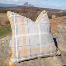 Pale Grey Mustard Tartan Shetland Wool Cushion - Velvet Reverse, Feather Filled - thumbnail 2