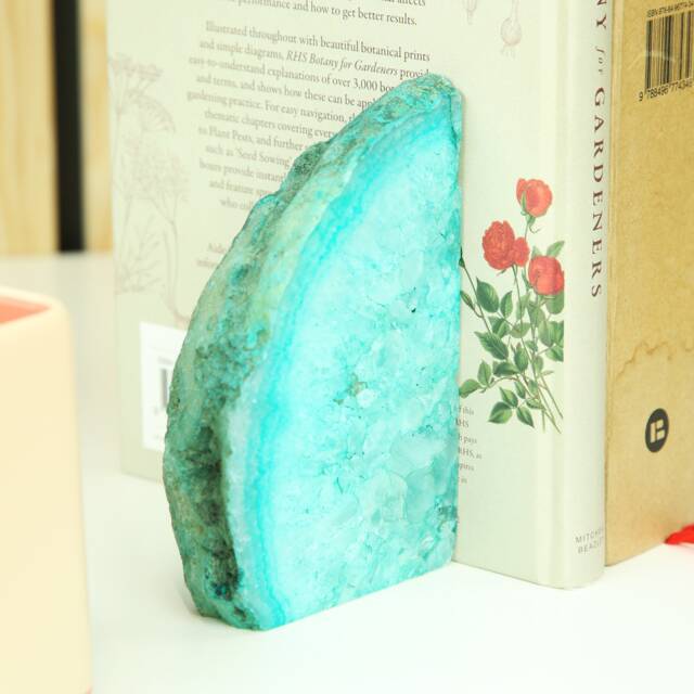 Blue Agate Crystal Geode Bookends - Hand Polished Gemstone Book Ends Shelf Decor, Natural Stone Office Styling, Unique Housewarming Gift - image 1