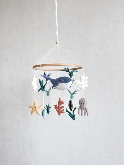 Whale Baby Mobile Nursery, Ocean Nautical Hanging Mobile, Coastal Neutral Sea Life Bebe, Shower Gift - image 1