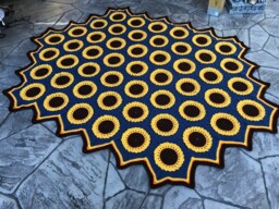 "Crocheted Sunflower Afghan Handmade Bedspread Blanket - 73"" X 93"