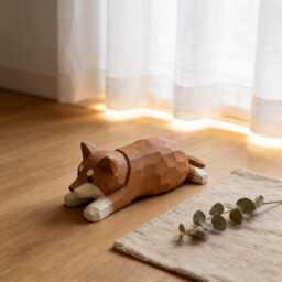 Sleepy Shiba Inu Wood Carving Cute Lying Dog Figurine Handmade Desk Pet Decor Gift For Lovers - thumbnail 1