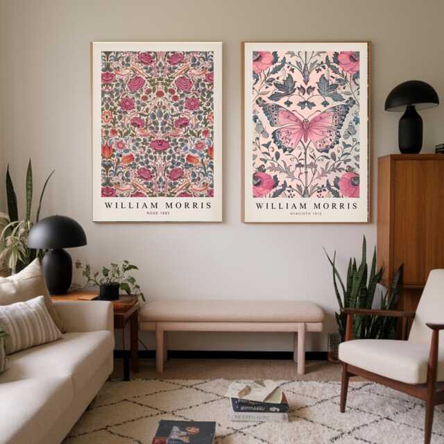 Set Of Two William Morris Floral Prints, Vintage Botanical Wall Art, Flower Print Set, Butterfly Print, Textiles Museum Pink - image 1