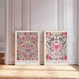 Set Of Two William Morris Floral Prints, Vintage Botanical Wall Art, Flower Print Set, Butterfly Print, Textiles Museum Pink - thumbnail 2