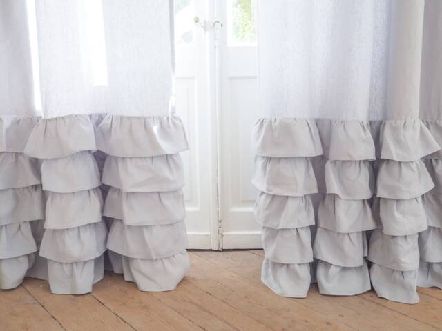 Light Gray Heavy Linen Curtain Panel With Ruffles, Ruffled Drape, Custom Curtains - image 1