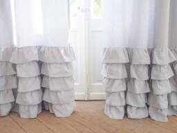 Light Gray Heavy Linen Curtain Panel With Ruffles, Ruffled Drape, Custom Curtains