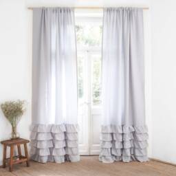 Light Gray Heavy Linen Curtain Panel With Ruffles, Ruffled Drape, Custom Curtains - thumbnail 2
