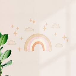 Medium Boho Rainbow Wall Decal With Clouds & Stars, Plastic-Free Stickers For Nurseries