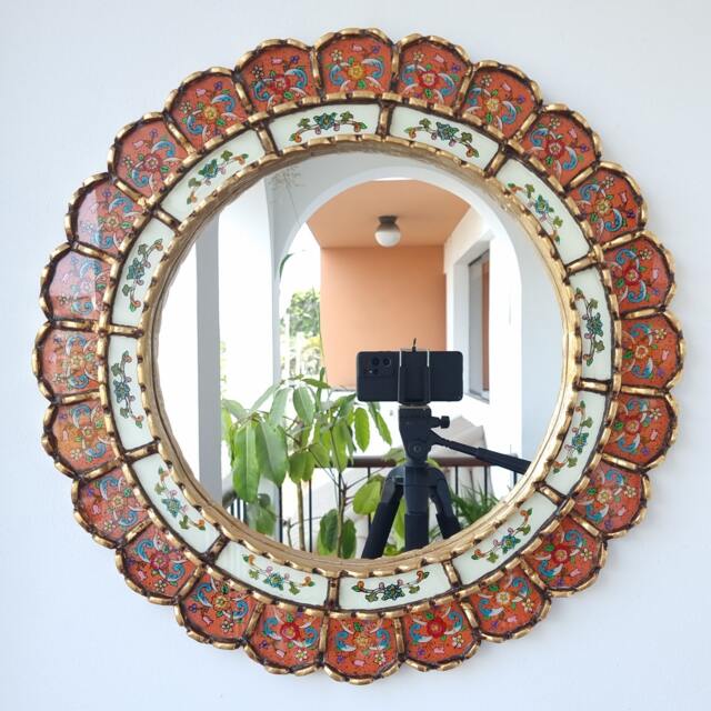 Peruvian Orange Harmonious Mirror 50 cm Handmade Wall Decor - Carved Wood Round Statement For Living Room Bathroom - image 1