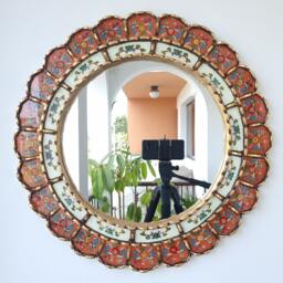Peruvian Orange Harmonious Mirror 50 cm Handmade Wall Decor - Carved Wood Round Statement For Living Room Bathroom
