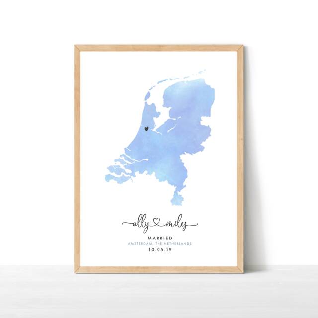 The Netherlands Map Print, Personalised Engagement Gift, Destination Travel Map, Watercolour Wedding Gift - image 1