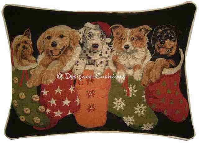 Sale Christmas Puppies in Stockings Oblong Tapestry Cushion Pillow Cover - image 1